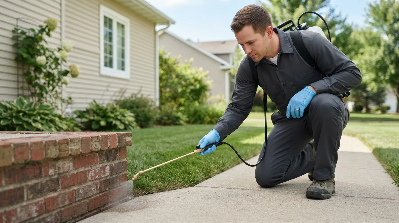 Pest control technician treating a home near Winterset, IA