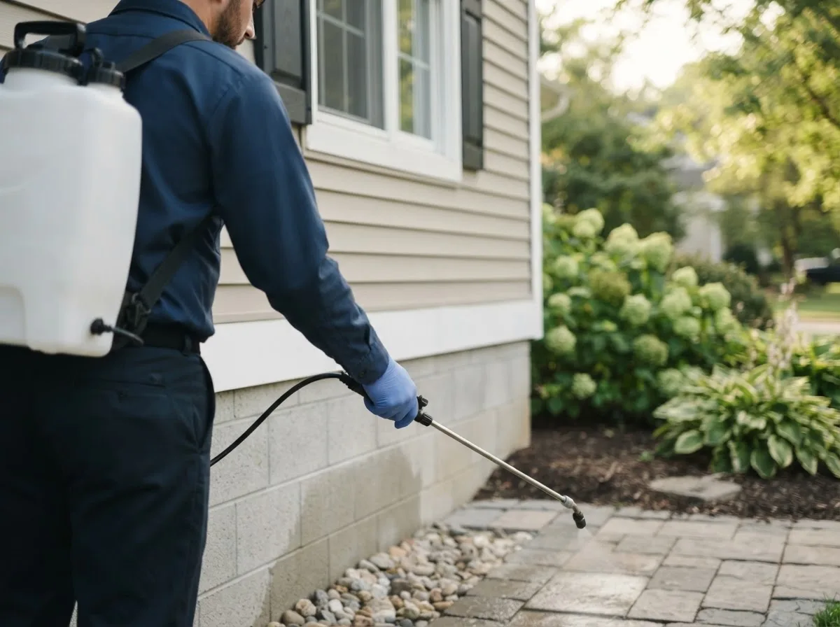 Pest control technician inspecting a home in Winterset, IA